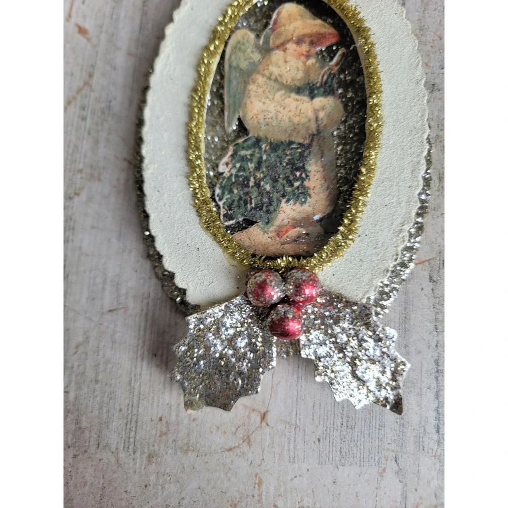 Victorian oval tinsel child unique ornament Xmas glitter home decor